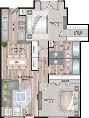 B3 - Two Bedroom / Two Bath - 996 Sq. Ft.*